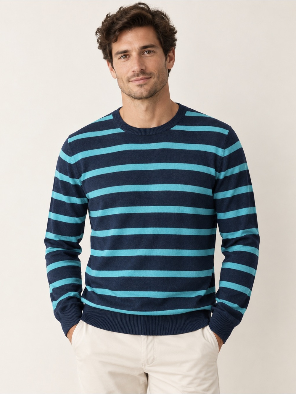 J.Crew Men’s M Cotton Cashmere Striped Crewneck Sweater Navy Turquoise